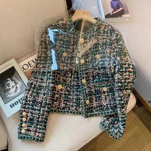 Jaquetas femininas designer moda pequena perfumada mulheres tweed jaqueta de lã casaco outono inverno verde xadrez único breasted bolso outerwear