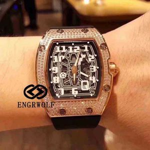 Wine Barrel Watch Rm67-01 Series 2824 Automatic Machine Full Diamond Rose Gold Black Tape Male