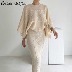 Calças femininas de duas peças chique vintage malha 2 peças conjuntos feminino solto 2022 outono batwing manga camisola cintura alta saias senhoras coreano conjuntos de luxo t221012