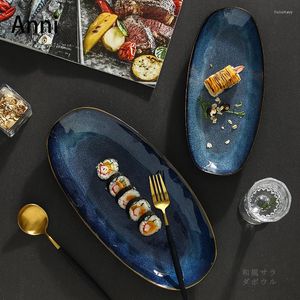 Plakalar mavi sır fırın değişimi seramik Çin modern oval büyük balık plakası restoranı hizmet tepsisi ev mutfak sofra takımları