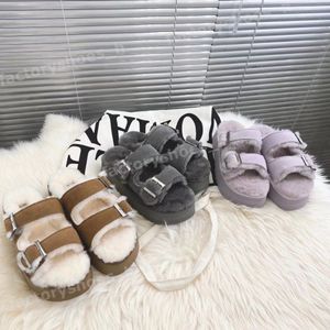 Designer ull tofflor päls boston tofflor tjocka sulor glider justerbara fyrkantiga spänne sandaler vinter fluffig päls sandal bekväm plattform flip flop