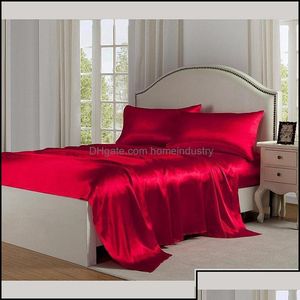 Bedding Sets Bedding Sets Home Ice Silk Bed Sheet Satin Cloth Pillowcase Imitation Silks Four-Piece Beds Simple Mti-Color Three Size Otp36