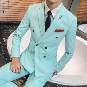 Men's Suits Double-breasted Men Slim Fit 3 Pieces Blazers Pants Mens Wedding Suit Red Sky Blue Designs Marriage Brand