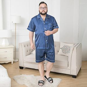 Men's Sleepwear Men Silk Summer Stain Pajama Set Loose Night Wear Homewear Short Sleeve Pants Nightgrown For Big Size 7XL
