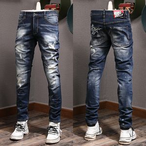 Italiensk het man jeans mager fit ben målade nödställda plus storlek 38
