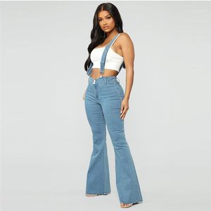 Women's Jeans Women's High Waist Zip Boyfriend For Women Button Strap Pants Elastic Vintage Streetwear Trousers Bell-bottom E21