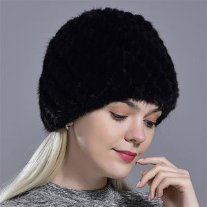 Beanieskull Caps冬の女性ミンクファーハットナチュラルリアルニットキャップファッショナブルなふわふわの女性