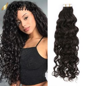 Tape in Extensions Human Hair PU Weft Water Wave Tapes ins Real Hair Extension for Black Women Natural Color Double Sided Glue Remy Bundles 50g 20PCS Loose Deep 12-26