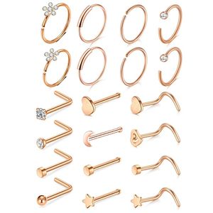 21 pz / set set di unghie per naso body piercing accessori in acciaio inossidabile argento anello al naso oro rosa borchie sopracciglio lingua orecchio pancia cerchio anelli gioielli