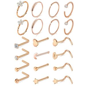 Conjunto de unhas de nariz 21 pçs/conjunto acessórios de piercing corporal aço inoxidável prata anel de nariz ouro rosa Studs sobrancelha língua orelha barriga argola anéis jóias