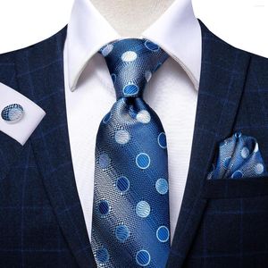 Bow Ties Hi-Tie mavi erkekler kravat lacivert dot lüks ipek kravat hanky manşetler Set resmi elbise erkekler için hediyeler düğün iş