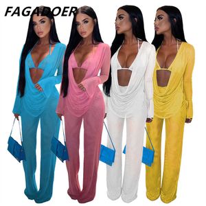 Calças femininas de duas peças FAGADOER Sexy malha 3 peças conjunto halter sutiã ruched cobrir calças soltas ver através do clube festa conjunto de correspondência 2022 outono outfit t221012