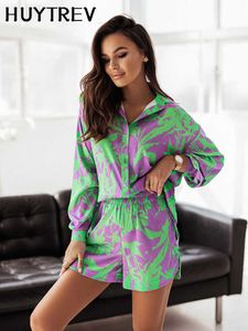 Calças femininas de duas peças moda conjuntos de impressão para mulheres outono casual boêmio férias mangas compridas camisa top shorts 2 peças conjunto mulher terno de bolso solto t221012