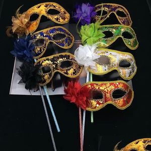 Partymasken Partymaske Herren Damen Halloween Venezianische Maskerade Handmasken Feder Blumen Sexy Karneval Prom Mischfarben FY3618 Dhzol