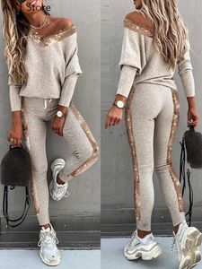 Women's Two Piece Pants Women Fashion Sequins Patchwork Long Sleeve Top High Waist Pants Sets T221012