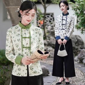 Ethnic Clothing 2022 Chinese Style Jacket Female Long Sleeve Tang Suit Cardigan National Flower Print Coat Women Service Hanfu Blouse