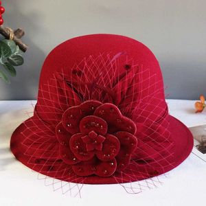 Beanie/Skull Caps Winter Bucket Fedora Hat Women kände Wool 2021 Flower Design Woman Fedoras Ladies Elegant Bowler Hat Black Red Grey T221013