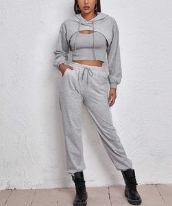 Women's Two Piece Pants SeigurHry Women 3 Pieces Tracksuit Outfits Sexy Long Sleeve Pullover Hoodie Tank Jogging Pants Sweatsuit Workout Sets T221012
