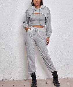 Calças femininas de duas peças SeigurHry Mulheres 3 peças Tracksuit Outfits Sexy manga comprida pulôver com capuz tanque jogging calças sweatsuit conjuntos de treino T221012