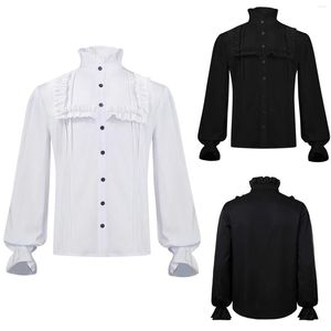 Men's Casual Shirts Mens Leotard Bodysuit Male Gothic Vintage Lace Shirt Hem Stand Collar Long Sleeve Fold Blouse Classic White