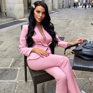 Women's Two Piece Pants Classic Pink Double-breasted Buttons Nine Blazer Set Formal Suits Ladies Women's Pantsuit Business