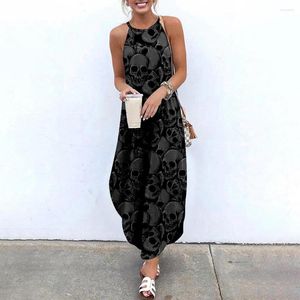 Casual kl￤nningar maxi f￶r kvinnor skalle tryckt ￤rml￶s kausal sommarstrandkl￤nning sojinm sling long streetwear