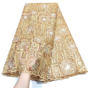 Gold African Lace Fabric New 2023 Nigerian Material French Sequins Tulle Laces For Wedding Dress Sew