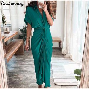 Mulher casual vestido de verão elegante botão ruched bandage camisa vestidos moda manga curta sólido decote em v praia maxi