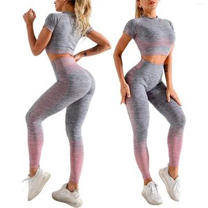 Set attivi Tuta sportiva traspirante da donna Colore misto Manica corta Colletto tondo Top lavorato a maglia Pantaloni lunghi a vita alta Set Abbigliamento da yoga