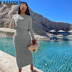 Women's Two Piece Pants FAGADOER Fall New Skirt Sets Ruched Dresses for Women 2022 Long Sleeve Crop Top Midi Stacked Skirts 2 Piece Sets Womens Outfits T221012