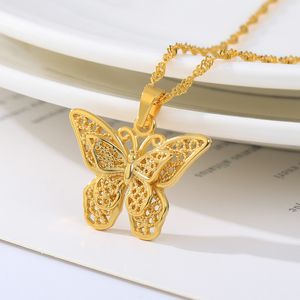 Halskette mit hohlem Schmetterlingsanhänger aus Edelstahl, 18 Karat echtes Gold plattiert, klassischer Schmuck