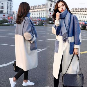 Wełna damska mieszanka kobiet Abrigos Autumn Winter Cashmere Overcoat Korean Fashion Lose Threwear Long Plaid Long-Sleeved Lapel Woolen