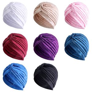 Fashion Silky Satin Ruffle Knot Turban Cap For Women Plain Color Muslim Hijab Headscarf India Cap Hair Loss Chemo Caps Soft Turbante