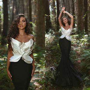 Simple Black&White Strapless Prom Dresses Mermaid Party Dresses Ruched Sleeveless Custom Made Evening Dress