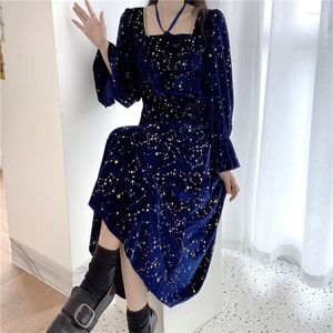 Casual Dresses Autumn Winter Women Velvet Long Dress Square Collar Navy Blue Sequined Stars Ribbon Fare Sleeve Elegant Party Midi