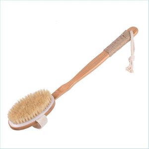 Bath Brushes Sponges Scrubbers Long Handle Natural Boar Bristles Bath Brush Back With Bamboo Exfoliating Dry Skin Shower Drop Del Dhgqv