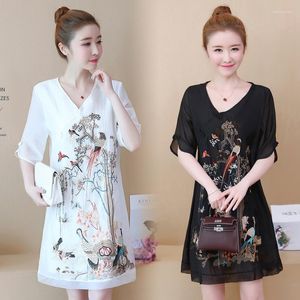 Casual Kleider 5XL Elegante Kurzarm A-Linie Kleid Frauen Vintage Stickerei V-ausschnitt Mini Chinesischen Stil Verbesserte Cheongsam MT421