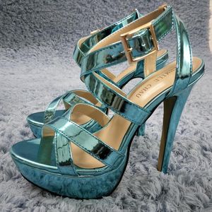 Sandalen sexy turquoise patent high hiel feest vrouwen zomer open teen buckle enkelband stiletto platform cm hakken schoen