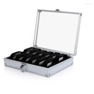 Caixas de relógio Caixa de alumínio masculina Display Organizador de metal prateado 12 slots armazenamento com ideias de presente de bloqueio