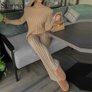 Women's Two Piece Pants Sampic Casual Women Knitted Pullover Striped Y2K Sweater Set 2021 Tracksuit Fashion Tops And High Waist Wrap Pants Two Piece Set T221012