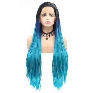 Heat Resistant Synthetic Hair Ombre Three Tone Color 1b/Blue/Sky Blue Long Box Braids Lace Front Wig for Black Women Fast Express Delivery