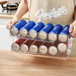 Kitchen Storage 2-Tier Rolling Refrigerator Organizer Bins Soda Can Beverage Bottle Holder For Fridge Plastic Rack Container