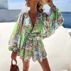 Women's Two Piece Pants Summer Suits Sexy V-neck Tie Waist Chiffon Top Loose Casual Shorts Beach Vacation Fashion Casual Two-piece Set Elegant Suits T221012