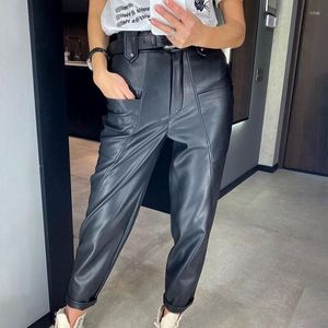 Women's Pants Pu Leather Vintage Women Black Classic Y2k Punk High Waist Pockets Straight Wide Legs Harajuku Brown Office Trousers