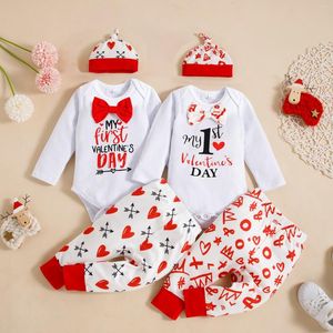 Clothing Sets Infant Baby Girls Clothes Set For Valentine's Day Letters And Heart Printed Pattern Romper Trousers Cap White/ Red