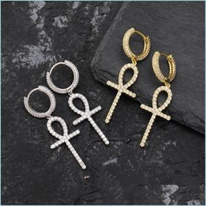 Dangle Chandelier Iced Zircon Ankh Cross Earring Gold Sier Color Micro Paved Bling Cz Stone Earrings For Man Women Hip Hop Jewelry 5 Dhxhl