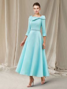 Mint Green Mother of the Bride Sukienka Elegancka Bateau Neck Kokska długość satynowa 3/4 rękawie gościnne suknie gościnne z szarfią 2024 szatą de soiree