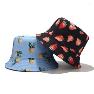 Szerokie brzegowe czapki czapki rybak unisex lato dwie boki noszą odwracalny wiadra kapelusz bohemian ananasem truskawkowe owoce drukowane składane słońce