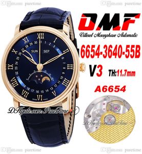 OMF Villeret komplicerad funktion A6554 Automatisk herrklocka v3 40mm 6654-3640-55b Rose Gold Blue Dial Roman Markers Black Leather Strap Super Edition Puretime G7