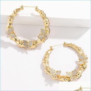 후프 Huggie Sier Gold Hoop Earrings Women Iced Out Bling Rhinestone Butterfly Bamboo Earring Fashion Brand Stree DHSCR